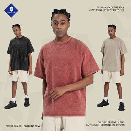 Cai Xiang Island Men's Clothing | Summer Retro Tops Unisex Short Sleeve Large Size Loose Drop Shoulder Casual Washed T-Shirt for Men