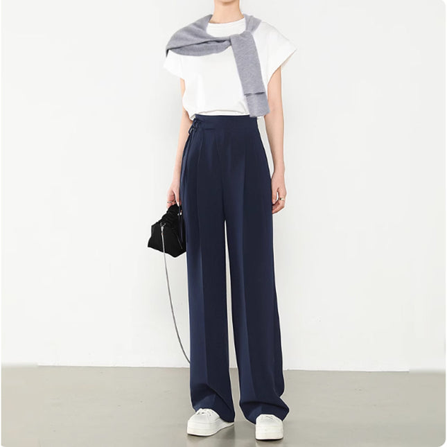 Navy Blue Women's Suit Pants New Chinese Style Tie Pants Drape Slimming Straight Wide-Leg Pants Extended Length