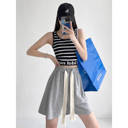 Sports Shorts Women's Summer Loose Straight Hong Kong Flavor Slimming Casual Ins Trendy Wide-Leg Medium Pants Grey 5-Pants