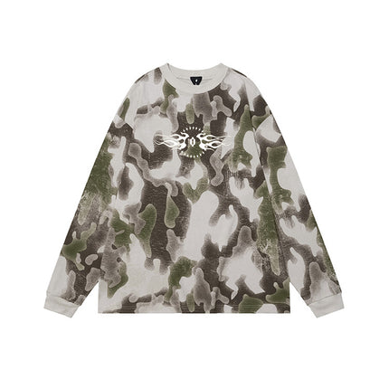 # OVDY Fall/Winter American Retro Fashion Brand Long Sleeve T-shirt Hand-Brushed Silk Screen Printed oversized Crewneck Top