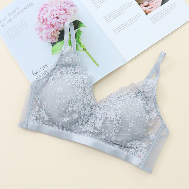 Tangge Spring and Summer Silk Bra Thin Non-rimmed Lace Small Floral Sexy Mulberry Silk Underwear Small Bra