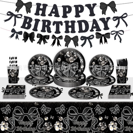 Cross Border Black Bow Party Decoration Tableware Paper Plate Tissue Package Banner Spiral Girl Birthday Party Supplies
