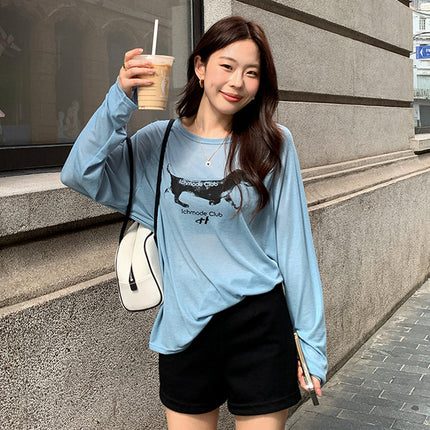 Lyocell Lazy Style Retro Dog Print Sun-Protective Long-Sleeve T-Shirt Summer Loose Versatile Top Blouse Versatile Top