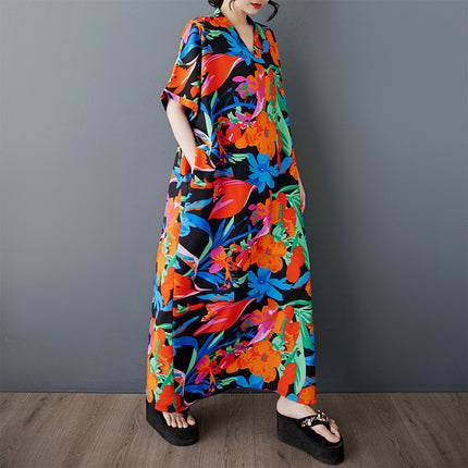 2025 Summer New Bohemian Casual Vacation Dress Women's plus size Loose Short-sleeved Western Style Elegant dress