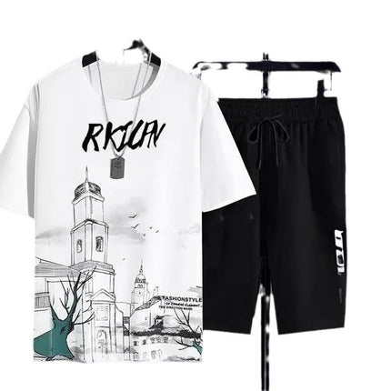 New Quick-drying Ice Silk Gradient suit Men's Short-sleeved T-shirt Summer Casual Shorts Sports Two-piece Handsome Men's Wear