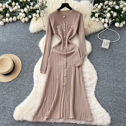 High-Quality 2025 Autumn Chanel-Style Private Wear for Socialites, Women's Knit Slit Dress with Round Neck and Bodycon Skirt