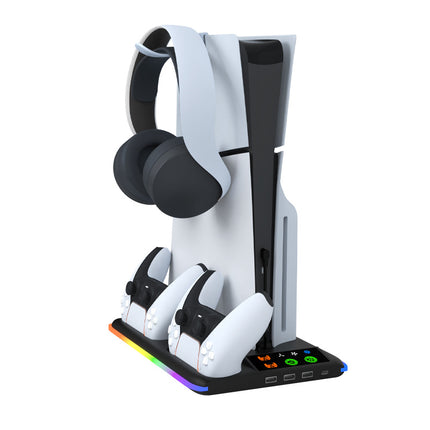 Suitable for Ps5 Slim Multifunctional Cooling Base with Rgb Light, Ps5 Charging Base, Dual Controller Charging with Hook
