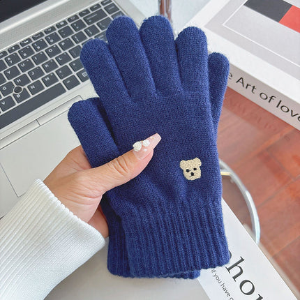 Warm Gloves for Women in Autumn and Winter to Prevent Cold and Keep Students Warm, Cute Bear Wool Knitted Touch Screen Fingers