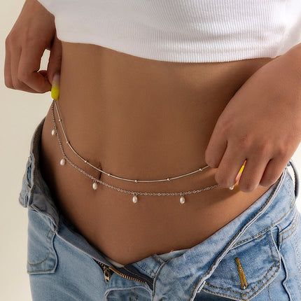 European and American Cross-Border Jewelry, Sweet and Cool Style Stacked Imitation Pearl Snake Bone Body Chain, Retro Tassel Ball Metal Waist Chain