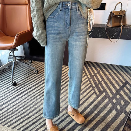 Pear-Shaped Figure Slim Straight Cropped Jeans for Women, New High-Waisted, Leg-Slimming, Stretchy, Loose-Fitting Petite Pants