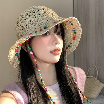 Hyun Ya Style Color Wooden Beads Straw Hat Women's Summer Hollow-out Big Brim Sunshade Sunscreen Hat Foldable Fisherman's Hat Trendy