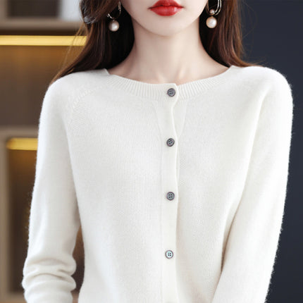 2024 Round-Neck Autumn and Winter Women's Cardigan Sweater Coat 100% Wool Loose Outerwear Versatile Knit Wool