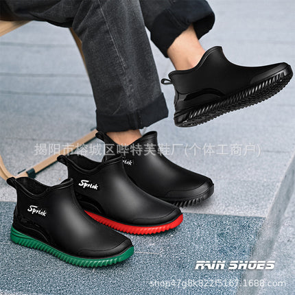 Men's Short Rain Boots, Fishing Shoes, Fleece-Lined, Car Wash Work Rubber Shoes, Adult Kitchen Waterproof Shoes, Men's Fleece-Lined Warm Shoes