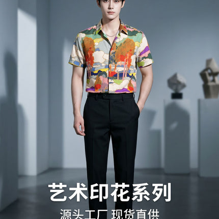 Light Luxury Handsome Men's Clothing Men's Trendy Versatile Shirts Digital Printing Men's Short-Sleeved Shirts Light Luxury and High-End