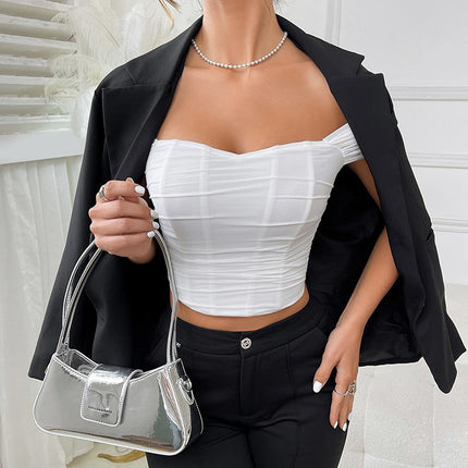 Fishbone Waist-Cinching Tube Top Camisole with Beautiful Back Design, Off-Shoulder Short-Sleeve Top for Women, Vacation Style Camisole, Cross-Border