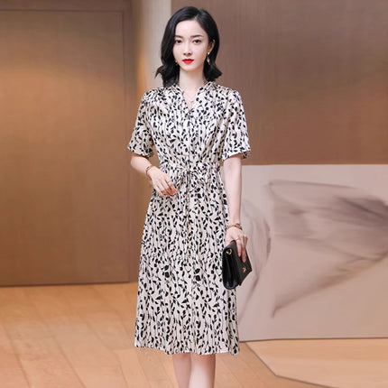 Summer New Style French Silk Dress Tea Break Dress Mid-Length V-Neck Slimming Mulberry Silk Dress