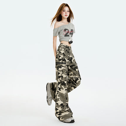American Retro Multi-Pocket Camouflage High-Waisted Flared Cargo Pants for Women, Summer New Loose Slimming Floor-Length Casual Pants