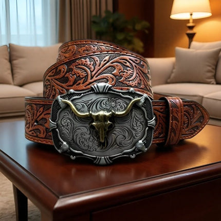 Cross-Border Western Cowboy Retro Bull Head Men's Belt Embossed American Trendy Jeans Belt Factory Ready Stock Batch