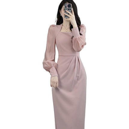 Autumn 2024 long sleeve French waist design feeling show long temperament new square collar slim dress casual