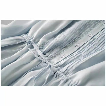 Drawstring dress Loose Artistic Slimming Mid-length Organ Pleated Blue Mori Base Skirt Elegant Fairy Skirt for Summer
