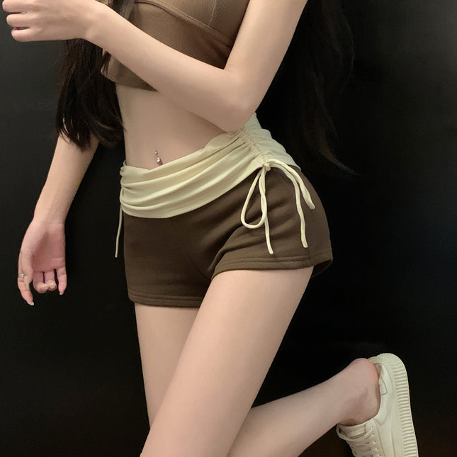 Contrast Color Drawstring Casual Shorts Women's Summer Pleated High Waist Slimming Straight Pants Hot Girls Slim-fit Hot Pants