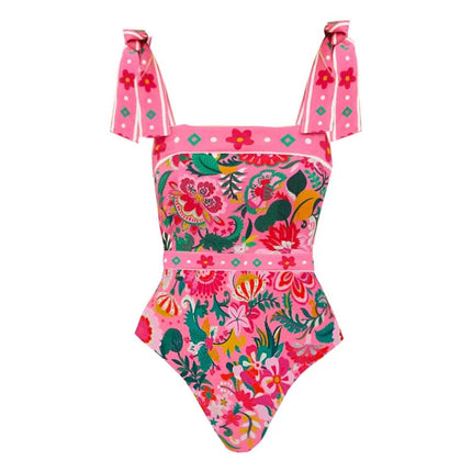 2024 European and American Swimwear Bow Tie Resort Style Floral One-Piece Swimsuit Suit Women's Cross-Border Hot Style 25231