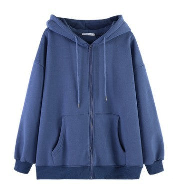 European and American Cross-border Foreign Trade Autumn and Winter Zipper Hoodie Women's Loose Cardigan Top Thickened fleece-lined Solid Color Jacket
