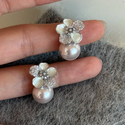 Light Luxury Elegant Flower Pearl Earrings Women's Niche Design High-End Zircon Earrings French Earrings Korean Style