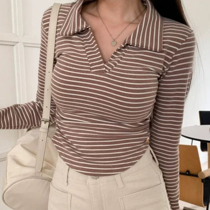 South Korea's Dongdaemun New Product Polo Collar Pinstripes Elastic Waist Short Long-Sleeved T-Shirt Top Women's Trendy