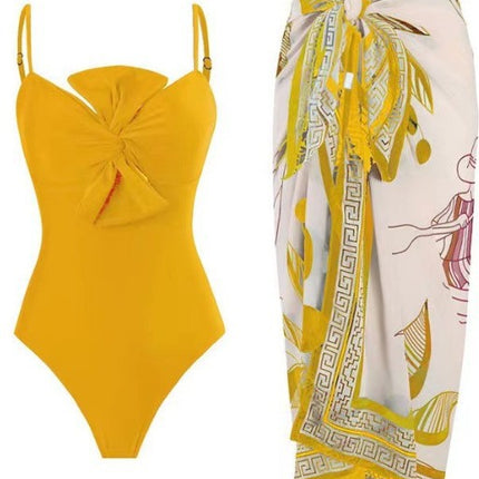 Bikini One-Piece Bow Pure Color Backless Swimsuit Amazon Bikini Aliexpress Multi-Color European and American Swimsuit for Women