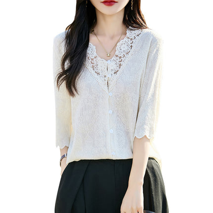 Spring and Summer New French Lace Worsted Wool Thin Cardigan Breathable Cut Out Women's V Neck Quarter-Sleeve Jacket