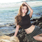 Black striped bikini + skirt + black short sleeves / S