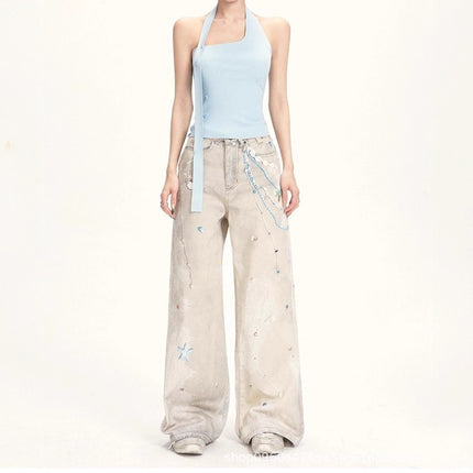 2025 Pearl Lace Cold Transfer Printed Jeans Versatile Holiday Style Straight Pants Trousers