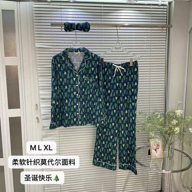Big Brand Export Modal Floral Yarn Cotton Long-Sleeved Women's Pajamas Spring Cotton Pure Color Casual Sexy Home Clothes with Eye Mask