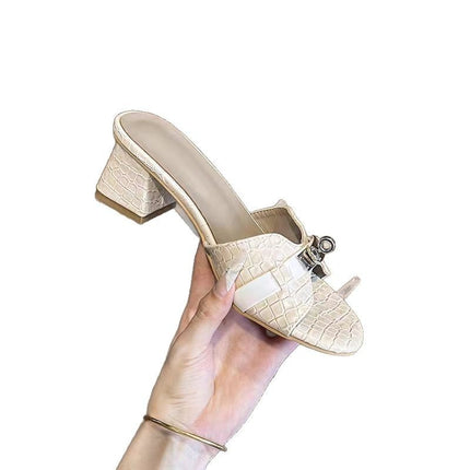 In-Stock Sheepskin Buckle Crocodile-Pattern Commuting High-Heeled Sandals for Women, Chunky Heel, Soft Sole, Light Luxury Style