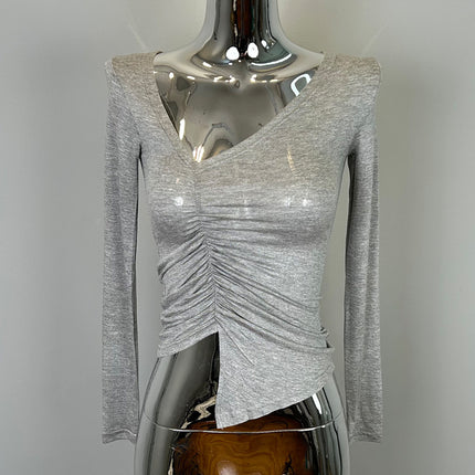 New Products from Dongdaemun, South Korea, Are Skin-Friendly and Show Off Your Figure~Sexy V Neck Pleated Slim Long-Sleeved T-Shirt Ye