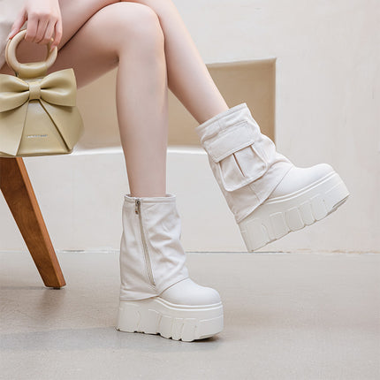 Work Boots for Women 2026 Spring/Summer/Autumn New Platform Shoes with Super High Heels and Hidden Height Increase 14cm Solid Color Simple Trendy Style
