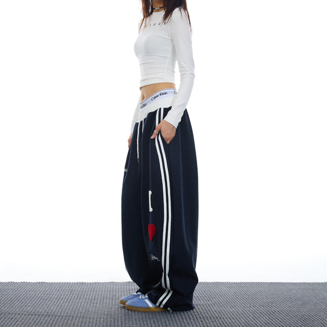 Prmr American Retro Loose Drape Wide-Leg Pants Towel Embroidered Two-Stripe Sweatpants Sports Dance Casual Pants