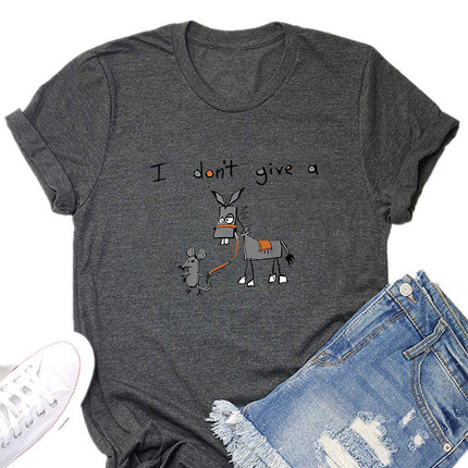 I don't give a European and American fun cartoon mouse donkey printed short sleeve round neck T-shirt ladies foreign trade jacket