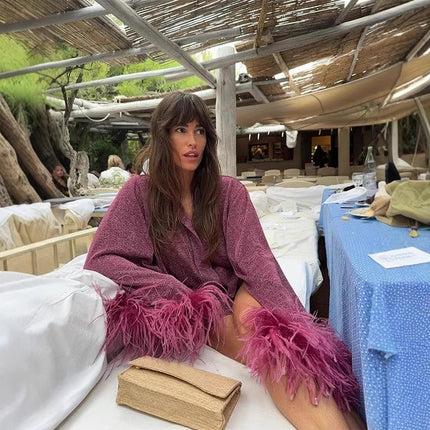 European and American Style Women's Clothing Export Cross-Border Popular Versatile Holiday Blouse French Light Mature Style Fashion Ostrich Feather Splicing Lining