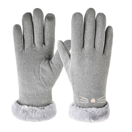 2025 Wholesale Cute Fur Touch Screen Warm Gloves Suede Women's Winter Plus Velvet Thickened Cycling Finger Gloves