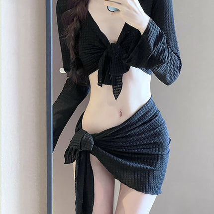 Bikini Swimsuit for Women 2025 New Four-Piece Set High-End Sexy Split Long-Sleeved Swimsuit for Women Pure Color Hot Spring