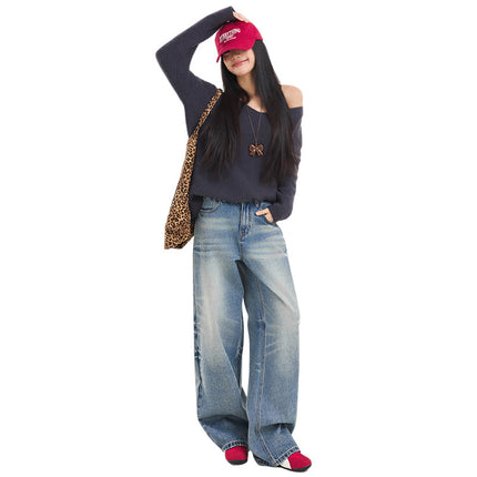 Vintage Washed Crease Wide Leg Jeans Women's Autumn and Winter 2024 New Straight Loose High Waist Slimming Mop Pants