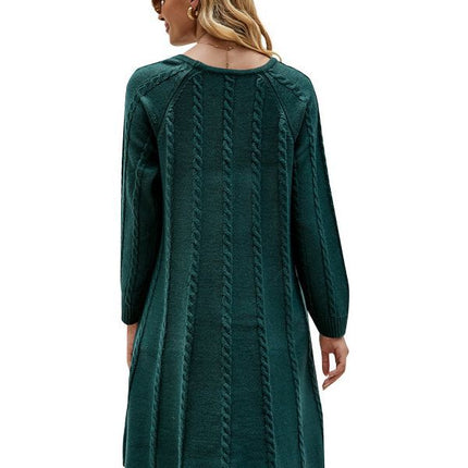 Cross-Border Export Popular Autumn and Winter Fashion Pure Color Long Sweater Dress Round Neck Cable Loose A-Line Knitted Dress