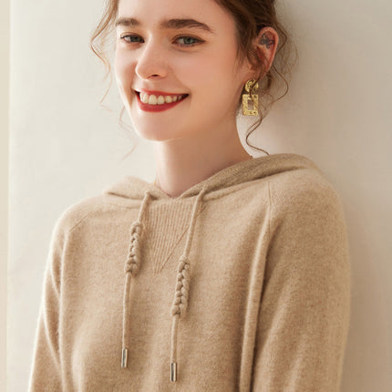 High-grade cashmere sweater women's autumn and winter New hoodie can be worn outside hooded solid color cashmere sweater loose drawstring sweater