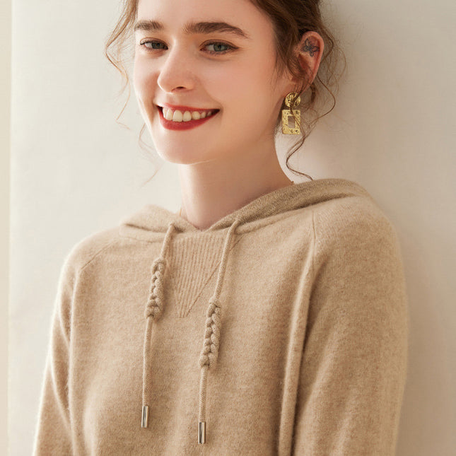 High-grade cashmere sweater women's autumn and winter New hoodie can be worn outside hooded solid color cashmere sweater loose drawstring sweater