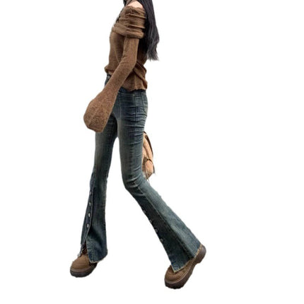 Stretch Split Micro Lar Jeans Women's Fashionable All-match New Arrival Cuff Button Design High Waist Slimming Trumpet Pants