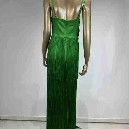 Cross-border Foreign Trade New European and American High Street Fashion Green Bandage Tassel dress Red Carpet Banquet Party Dress