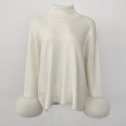 Women's Sweater Amazon Aliexpress Hot-Selling Autumn and Winter New Style Real Fox Fur Cuffs Loose High-Neck Knit Sweater for Women