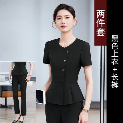 Short-Sleeved Business Suit Suit for Women Summer Temperament Hotel Front Desk Reception Beauty Salon Gold Shop Work Clothes Large Size